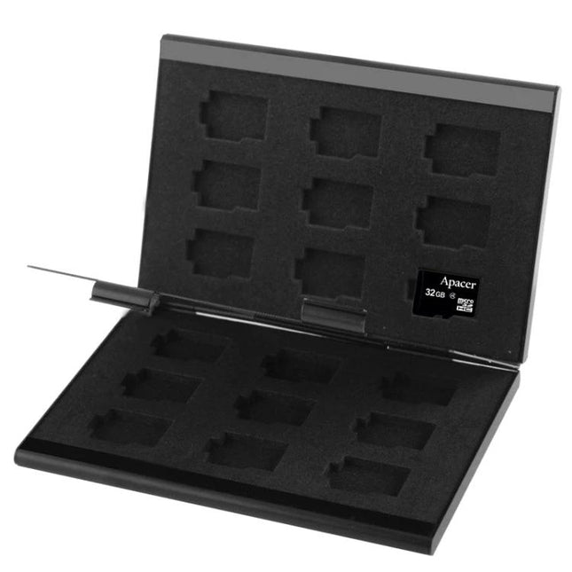Silver Aluminum Protective Case for Storing TF Memory Cards open with foam slots holding multiple micro SD/TF cards, durable aluminum alloy protective storage