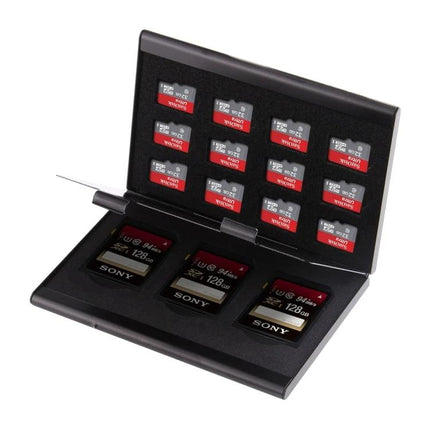 Portable Aluminum Case for 3 SD and 12 TF Memory Cards - compact protective organizer for SD and micro SD cards, dust and moisture resistant