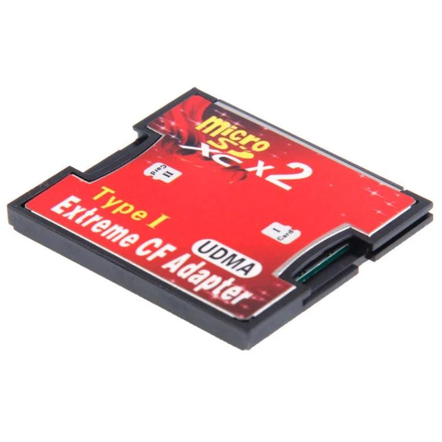 Micro SD Adapter for Compact Flash with Dual Sockets red Type I adapter shown at angle, dual sockets for converting Micro SD to CF slot