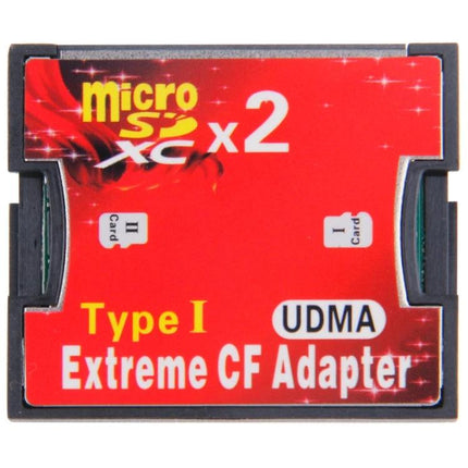 Micro SD Adapter for Compact Flash with Dual Sockets — red dual-socket CF adapter showing MicroSDXC x2 Type I UDMA label