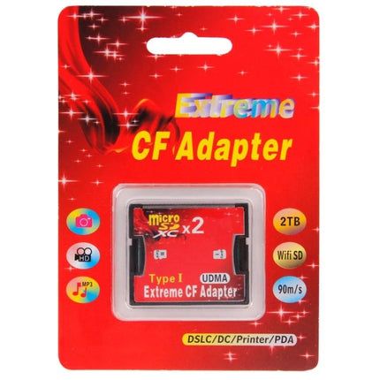 Micro SD Adapter for Compact Flash with Dual Sockets in retail packaging showing red Type I CF adapter for photographers and legacy devices