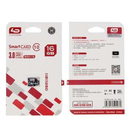 LD Micro SDXC Memory Card for Smartphones, Tablets, and Cameras packaged 16GB microSD card front and back view