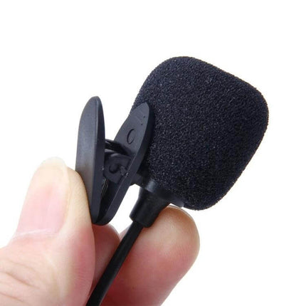 Car Audio Microphone 3.5mm Plug Clip 2.1 Meter Cable — close-up of clip-on electret microphone with foam windscreen and cable