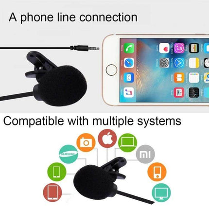 Car Audio Microphone 3.5mm Plug Clip 2.1 Meter Cable shown clipped with 3.5mm plug next to smartphone, foam windscreen and long cable for in-car use