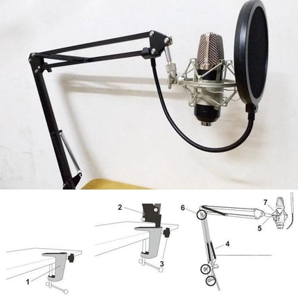 Mic Stand for Recording Sessions and Live Performances - adjustable clamp-on boom arm with shock mount and pop filter for podcasting and gigs