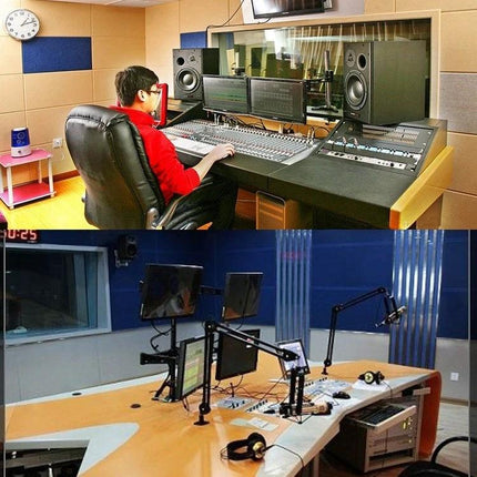 Mic Stand for Recording Sessions and Live Performances clamped to studio desk next to mixer and mics, ideal for podcasting and live setups