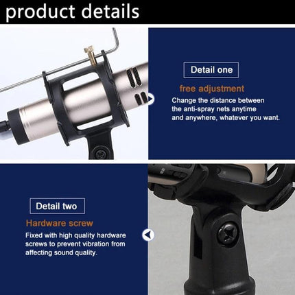 Home Recording Stand for Smartphones and Daily Sessions showing microphone clip, adjustable anti-spray mount and hardware screw details