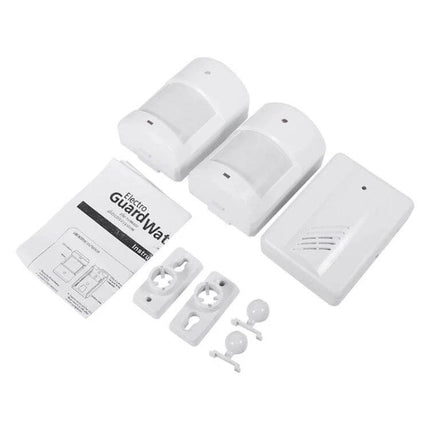 Wireless PIR Sensor Doorbell Alarm for Home and Office Security shown with two PIR sensors, receiver, mounting brackets and manual