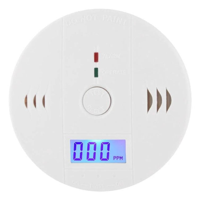 Carbon Monoxide Detector with LCD Display for Home Safety — white round CO alarm showing 000 PPM on blue LCD
