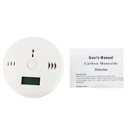 Carbon Monoxide Detector with LCD Display for Home Safety showing round white detector with LCD and user manual
