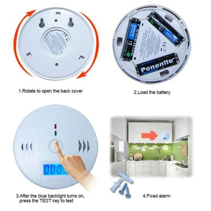 Carbon Monoxide Detector with LCD Display for Home Safety showing back cover, battery compartment, LCD test button, and installed kitchen placement