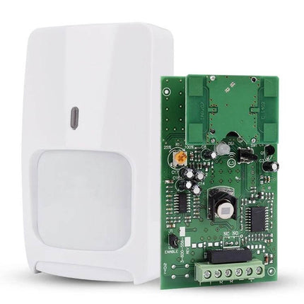 Dual Technology Motion Sensor for Home Security Detection white PIR housing with exposed green circuit board