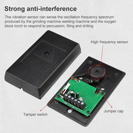Professional Burglary Alarm Master Panel for Wall Tamper Protection showing open black enclosure with PCB, tamper switch, high frequency sensor and jumper cap
