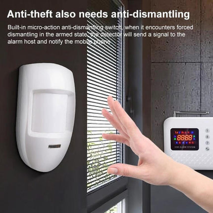 Passive Infrared Motion Sensor for Home Security Detection mounted near window with hand triggering alarm panel