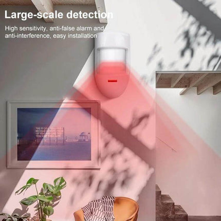 Passive Infrared Motion Sensor for Home Security Detection mounted in living room showing 14m x 14m coverage and anti-false alarm detection