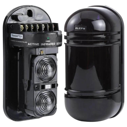 Dual Beam Infrared Detector for Outdoor Security Alarms black transmitter and receiver pair mounted for perimeter protection