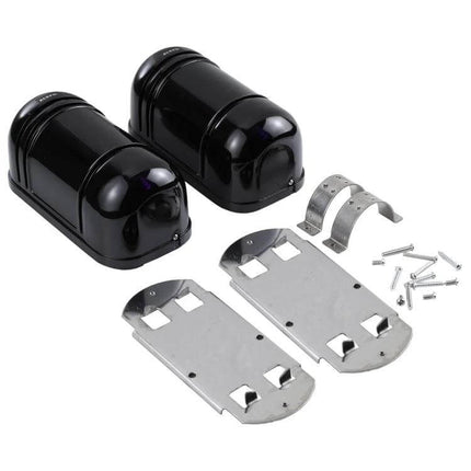 Dual Beam Infrared Detector for Outdoor Security Alarms – pair of black infrared sensor housings with mounting brackets and screws