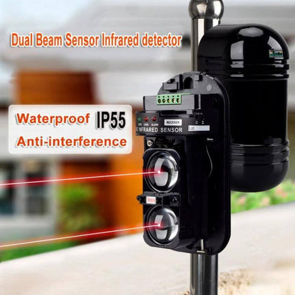 Dual Beam Infrared Detector for Outdoor Security Alarms mounted on pole showing dual infrared beams and IP55 waterproof rating