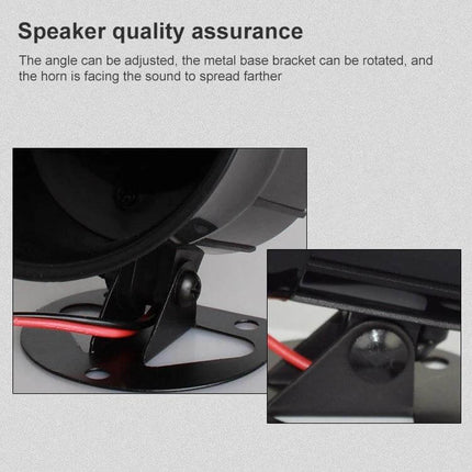 Siren Horn for Reliable Alarm Systems in Homes and Businesses showing adjustable metal base bracket and wiring close-up