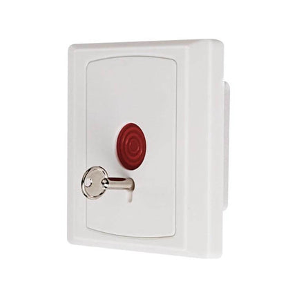 Emergency Hold Up Button for Security and Safety Alerts - white wall-mounted panic button with red activation pad and key reset