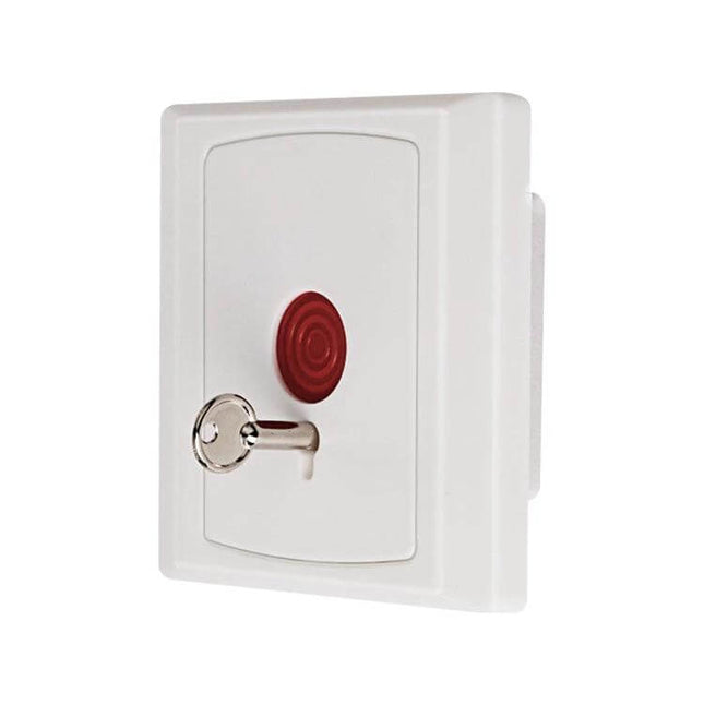 Emergency Hold Up Button for Security and Safety Alerts - white wall-mounted panic button with red activation pad and key reset
