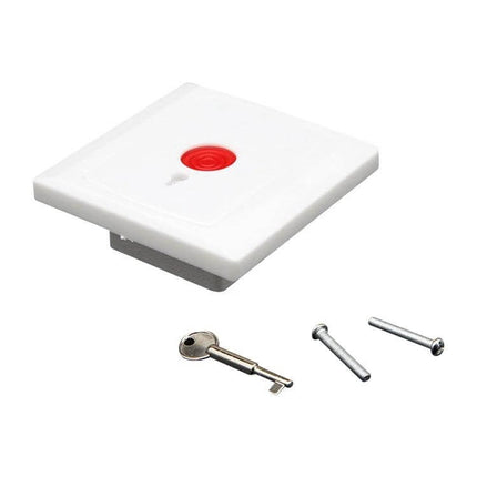 Emergency Hold Up Button for Security and Safety Alerts - white recessed panic button with red center, key and mounting screws for discrete desk or counter installation