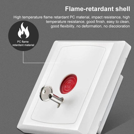 Emergency Hold Up Button for Security and Safety Alerts — white flame‑retardant wall plate with red push button and keyed reset
