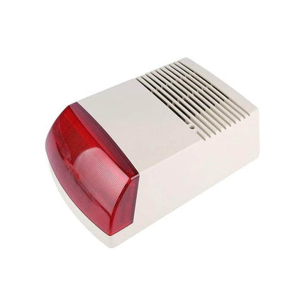Reliable Outdoor Siren with Flashlight for Home Security mounted white outdoor alarm with red flashing lens and speaker vents