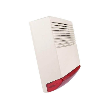 Reliable Outdoor Siren with Flashlight for Home Security mounted white outdoor alarm with red strobe and battery backup