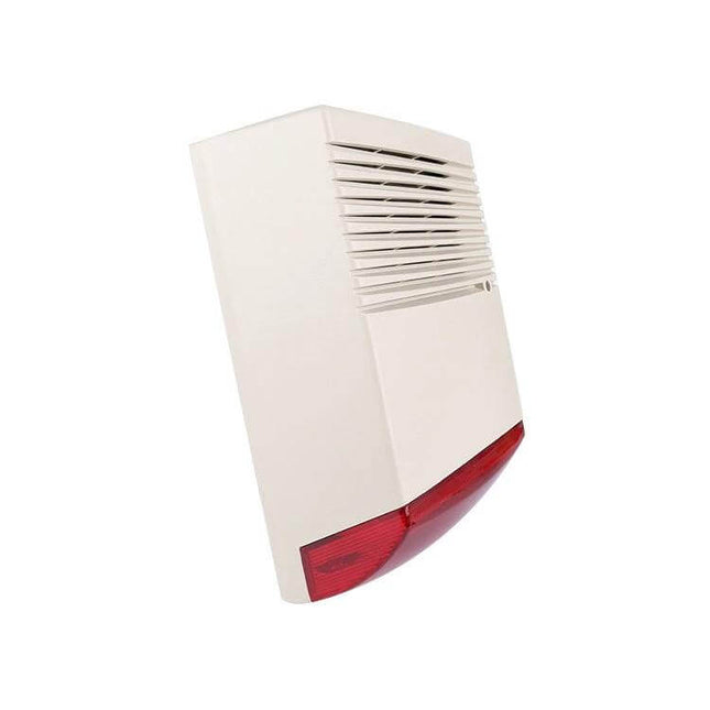 Reliable Outdoor Siren with Flashlight for Home Security mounted white outdoor alarm with red strobe and battery backup