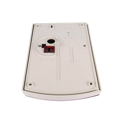 Reliable Outdoor Siren with Flashlight for Home Security white plastic mounting backplate showing battery compartment and wiring access