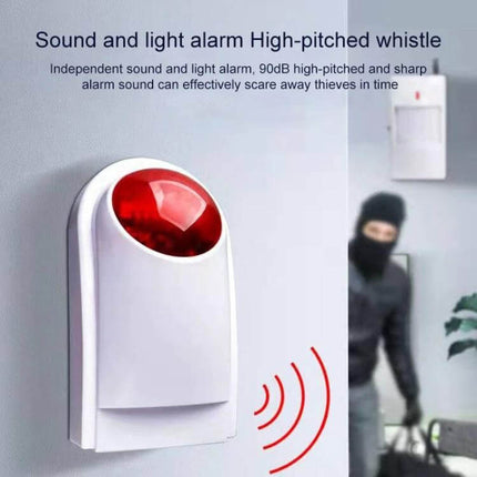Outdoor Security Siren with Integrated Red Flashlight for Alarms mounted on wall emitting red light and loud 90dB alarm to deter intruders