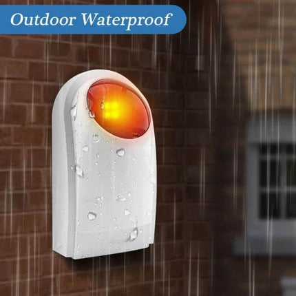 Outdoor Security Siren with Integrated Red Flashlight for Alarms mounted outdoors, waterproof white siren with red flashing light and water droplets