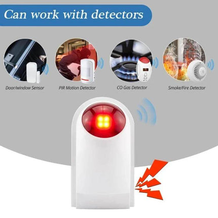 Outdoor Security Siren with Integrated Red Flashlight for Alarms mounted outdoors with red light flashing and compatible detectors