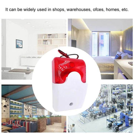 Mini Wired Red Strobe Siren for Home Burglar Security compact red strobe and siren unit shown in room and factory use scenarios