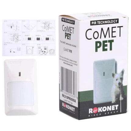 Wired Passive Infrared Motion Sensor for Home Security Systems - white Comet PET PIR sensor with packaging and installation diagram