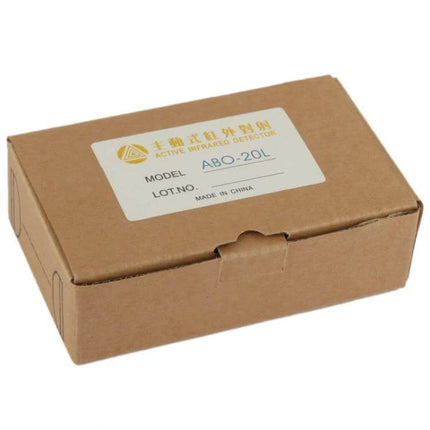Single Beam Infrared Security Detector with 20 Meter Range packaged in a brown cardboard box labeled model ABO-20L