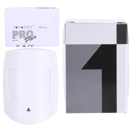 PIR Motion Sensor with Adjustable Sensitivity for Home Security - white PIR sensor with manual and packaging displayed