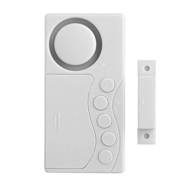 White Refrigerator Door Alarm with Adjustable Delay Notification showing main alarm unit with speaker, buttons and magnetic sensor
