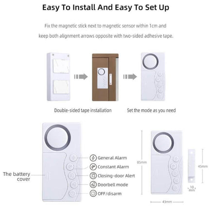 Refrigerator Door Alarm with Adjustable Delay Notification showing easy installation, magnetic sensor alignment, and mode buttons for alerts