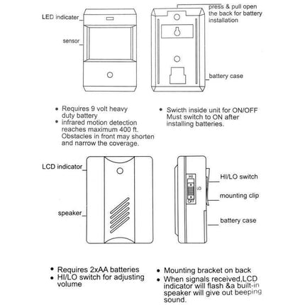 Electro Guard Wireless Doorbell for Home Entry Alerts infrared motion detector and receiver diagram with battery case and mounting instructions