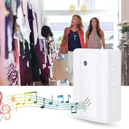Electro Guard Wireless Doorbell for Home Entry Alerts detecting guests at a shop entrance with receiver chime and motion sensor