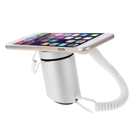 Cylindrical Display Stand with Anti-Theft Alarm for iPhone Devices - silver demo stand powering and securing an iPhone on retail counter