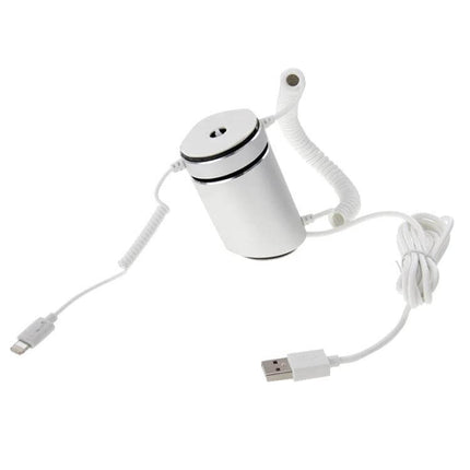 Cylindrical Display Stand with Anti-Theft Alarm for iPhone Devices - white cylindrical retail stand with coiled alarm cable and USB charging