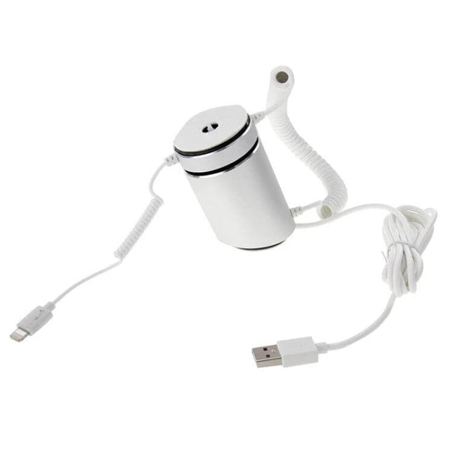 Cylindrical Display Stand with Anti-Theft Alarm for iPhone Devices - white cylindrical retail stand with coiled alarm cable and USB charging