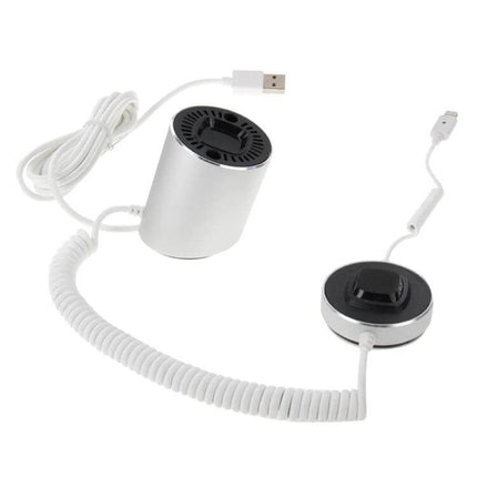 Cylindrical Display Stand with Anti-Theft Alarm for iPhone Devices shown with USB cable and detachable alarm sensor