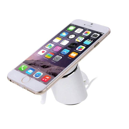 Cylindrical Display Stand with Anti-Theft Alarm for iPhone Devices showing iPhone on secure powered retail display