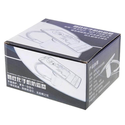 Cylindrical Display Stand with Anti-Theft Alarm for iPhone Devices boxed retail packaging showing product illustration
