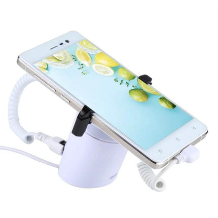 Cylindrical Display Stand with Anti-Theft Alarm for Smartphones showing a white smartphone mounted, charging and secured with alarm