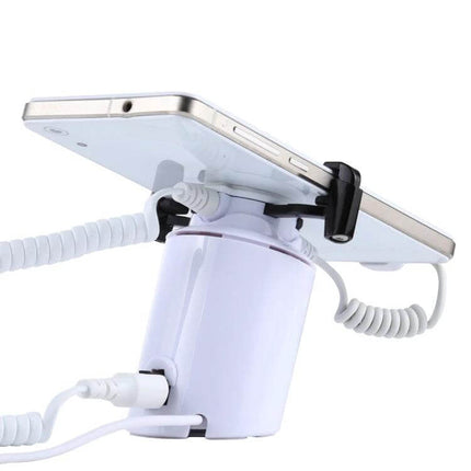 Cylindrical Display Stand with Anti-Theft Alarm for Smartphones showing white stand secured to phone with coiled charging and alarm cables